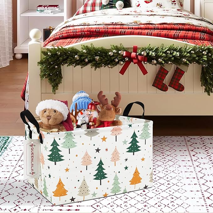 QUEENLALA Rectangular Laundry Hamper/Foldable Nursery Laundry Basket for Organizing/Storage Bin Baskets/Children Toy Office Bedroom/Toy Bin Closet Shelf Baskets（Rec-Pine tree）