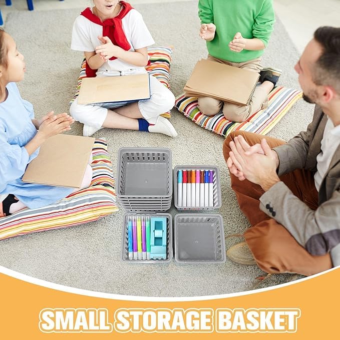 Tatuo 24 Pcs Classroom Small Plastic Baskets Bulk Storage Baskets for Organizing Crayon Pencil Containers Organizer Bins for Back to School Gift Office Desk Drawer Home, 5.31 x 5.31 x 2.44 Inch(Grey)
