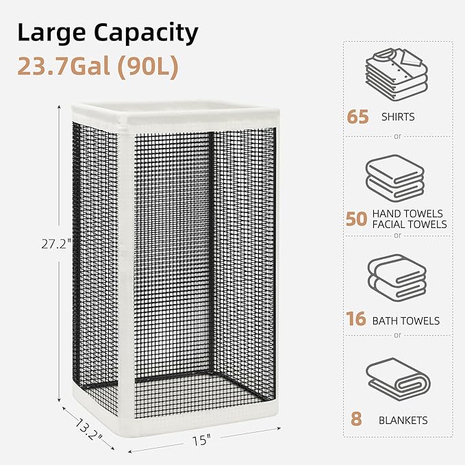 STORAGE MANIAC Mesh Laundry Hamper, 23.7 Gal. Tall Laundry Basket for Airflow, Strong Metal Dirty Clothes Hamper for College Dorm, Bedroom, Bathroom, Clothes Bin, White & Black