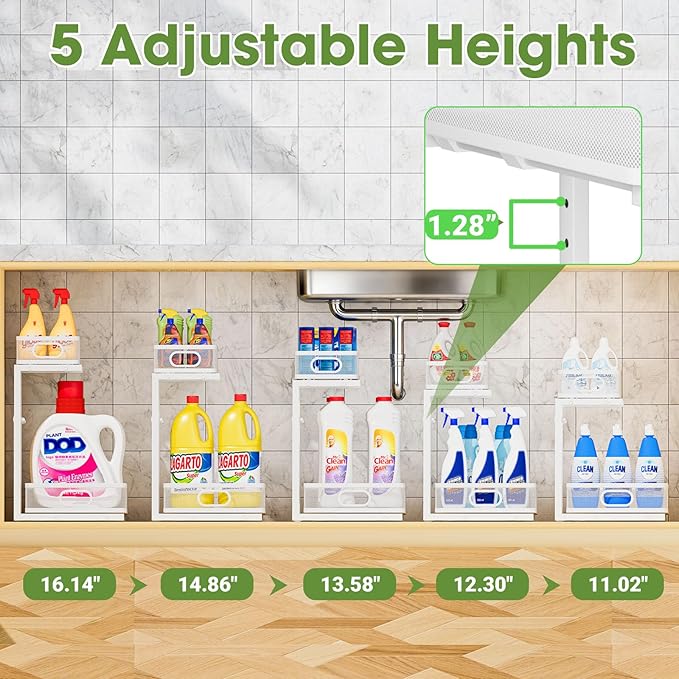 Under Sink Organizer 2-Pack, Metal 2-Tier Pull-Out Cabinet Shelf with Slide-Out Mesh Drawers, Height Adjustable, Space-Saving Under Sink Storage Racks for Kitchen, Bathroom, Laundry Room, White