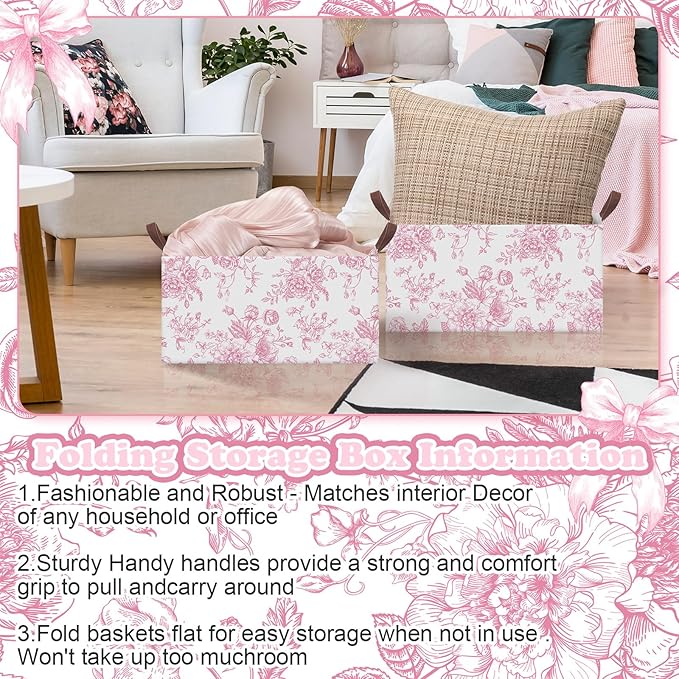 Boao 3 Pcs Pink Floral Foldable Storage Baskets Pink Hydrangea Laundry Basket with Handles Waterproof Storage Bins Fabric Shelf Baskets for Organizing Closet Clothes