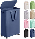 Slim Laundry Hamper with Lid and Wheels, Small Rolling Laundry Basket with Handle for Small Spaces, Tall Dirty Clothes Hampers for Dorm, Bathroom and Bedroom, 75L, Blue