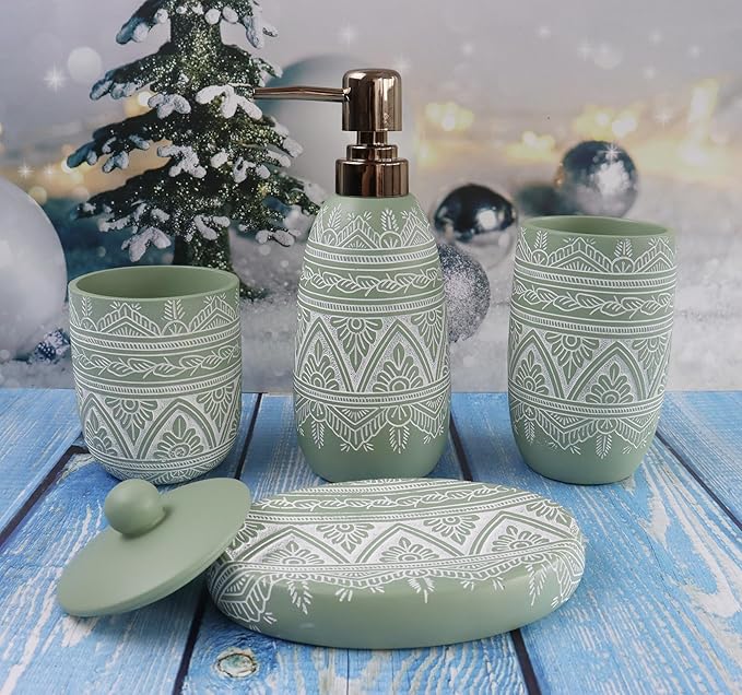 Hymmah Green Bathroom Accessories Set,Farmhouse Bathroom Decor,4 Pcs Resin Gift Set Apartment Necessities, Contain Cotton Swab Jar,Soap Dispenser,Tumbler，Soap Dish/Tray