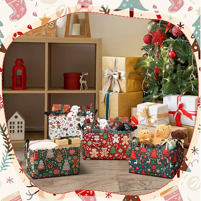 4 Pack Christmas Storage Bin Collapsible Large Christmas Storage Baskets for Gifts Xmas Tree Canvas Laundry Basket Foldable Box with Handle for Office Home Bedroom Clothes Toys Holiday Decor