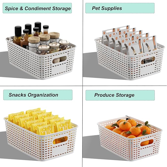 Plastic Storage Basket for Organizing 12 Pack Small Storage Bins Container for Shelves, White Shelf Baskets with Handles for Pantry Classroom Playroom Kitchen Cabinets Organization