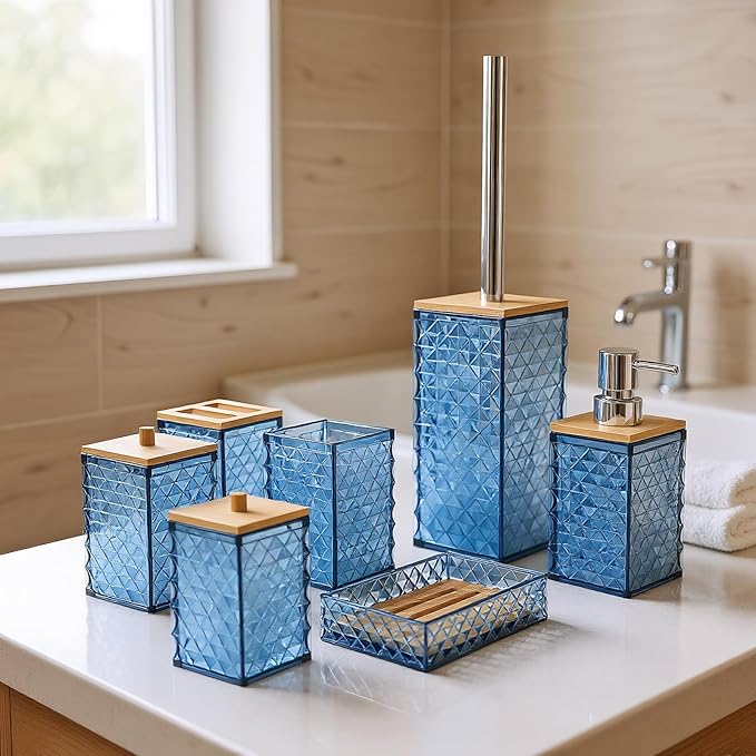 Bathroom Accessory Set,7 Pcs Blue Bathroom Set Include Soap Dispenser, Qtip Holder Dispenser, Soap Dish,Toilet Brush,Toothbrush Holder & Mouthwash Cup.Boho Bathroom Set