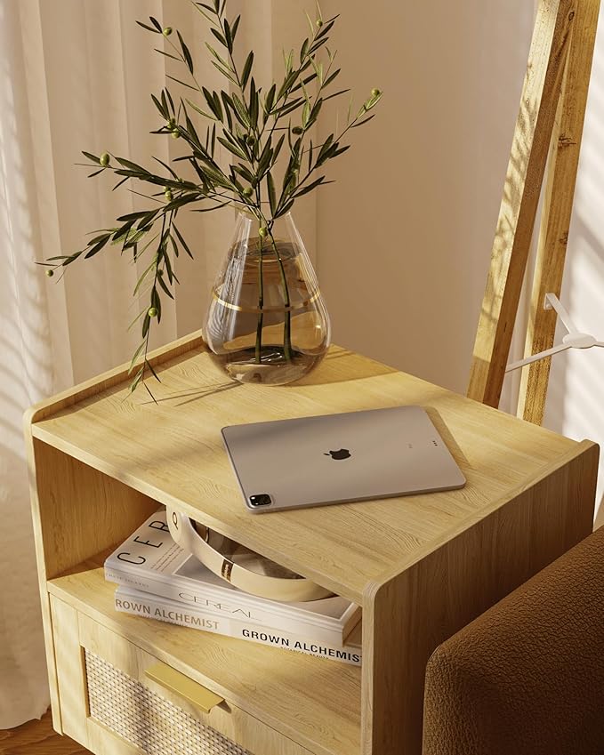 Veegle Rattan Nightstand,Modern Bedside Table with Storage Drawer and Open Wood Shelf, for Living Room, Bedroom and Small Spaces, Accent Night Stand with Solid Wood Legs, Easy Assembly,(Oak)