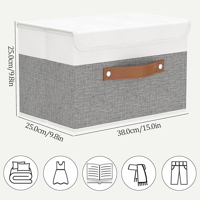 OUTBROS Collapsible Storage Cubes with Lid, Linen Fabric Wardrobe Baskets, Large Box For Towels, Clothes, 15 x 9.8 x 9.8 inch (White/Grey, 1-Pack)