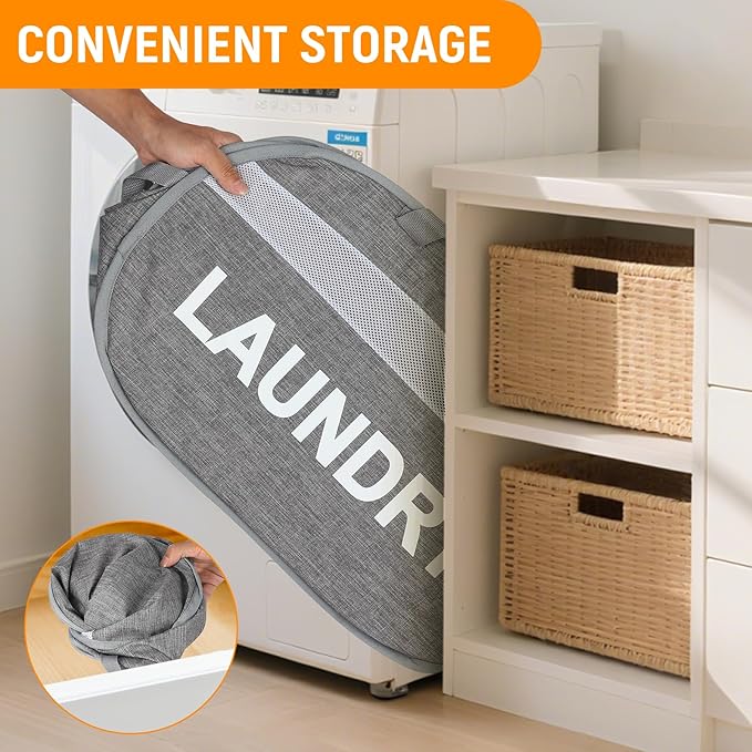 Collapsible Laundry Baskets with Lid, Foldable Clothes Hamper with Reinforced Handles, Sturdy Pop Up Hampers for Laundry, Tear Proof & Easy to Carry Laundry Hamper for Home, Dorm, Travel Grey