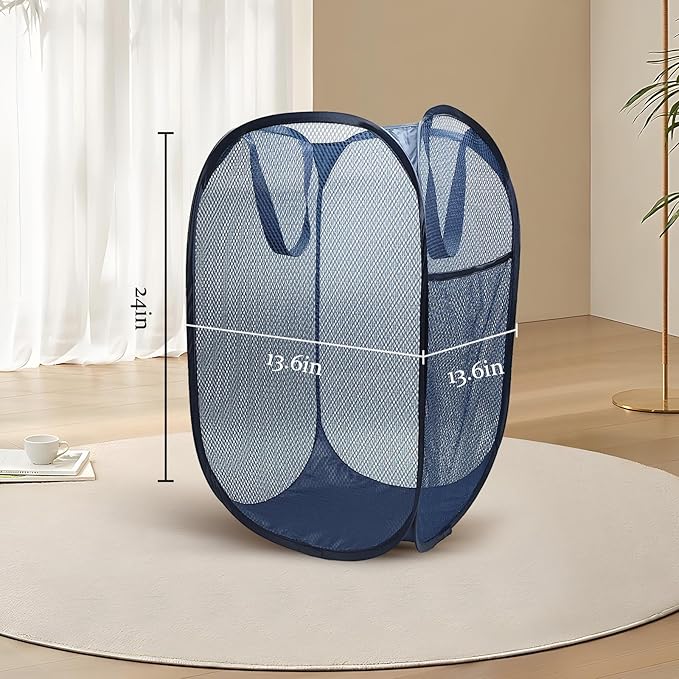 The upgraded pop-up laundry basket features a breathable side pocket mesh design, making it ideal for rooms, apartments, dormitories, travel, business trips, and children's storage(2, Dark blue)