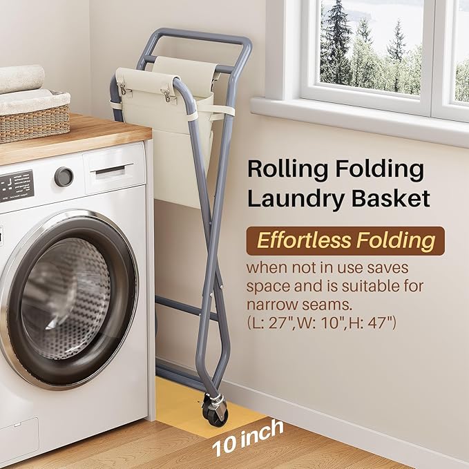No-Bend Laundry Cart- Rolling Hamper with Locking Wheels & Handle, Foldable Basket Screw-Free Assembly, Durable Metal Frame & Removable Liner Bag for Bedroom & Bathroom (Beige)