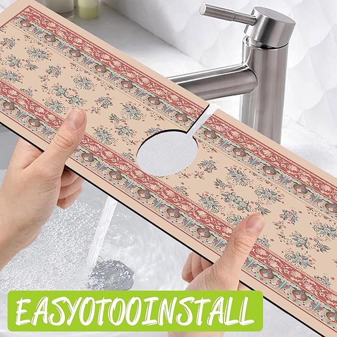 Sink Splash Guard Faucet Mat Retro Boho Flowers Absorbent Fast Drying Mat Sink Gadgets Splash Guard Behind Faucet Drip Catcher for Kitchen Bathroom 23.5"X5.5"
