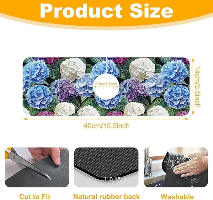 2 Pack Vintage Hydrangea Sink Faucet Absorbing Mat Colorful Hydrangeas Super Absorbent Fast Drying Mat Sink Gadgets Behind Faucet Sinkmat for Kitchen Bathroom, 15.5"x5.5"