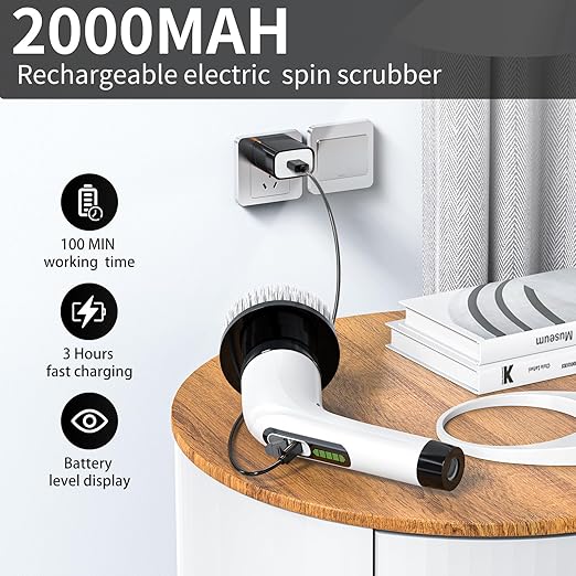 HIMAAT Cordless Electric Spin Scrubber - IPX7 Waterproof, LCD Display, 8 Brush Heads, Adjustable Extension Handle, for Shower, Bathtub, Tile, Grout, Kitchen, Bathroom Cleaning