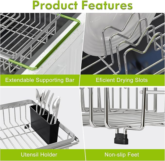 JASIWAY Dish Drying Rack in Sink, Expandable Stainless Steel Dish Drainer for Kitchen Sink, Dish Strainer Rack, Retractable Over Sink Dish Rack with Utensil Holder, 13.4''~16.9''D x 11.8''W, Silver