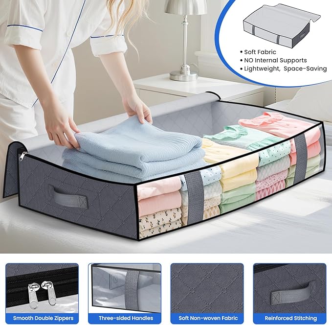 Under Bed Storage Containers, 4 Pack Blanket Storage Bags, Collapsible Storage Bags with Big Zippers, Clear Front, Shoe Storage and Organization for Clothes, Comforter, 90L, Grey