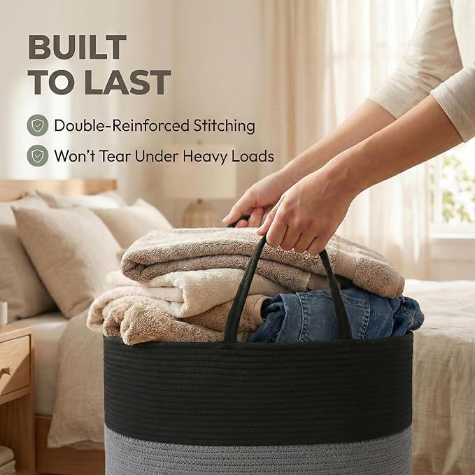65L Extra Large Blanket Basket for Living Room - Woven Cotton Rope Laundry Hamper with Reinforced Handles - Storage Bin for Pillows, Comforters & Toys - Machine Washable,Black&Grey