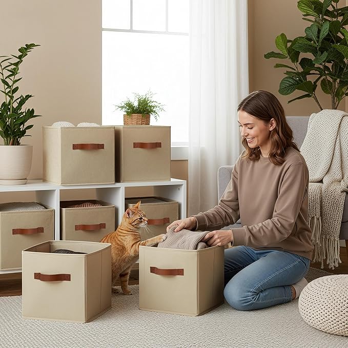 GRANNY SAYS Cube Storage Bins, 11 Inch Cube Storage Organizer with PU Handle, Fabric Storage Bins, Storage Cubes for Shelves, Closet, Khaki, 6-Pack
