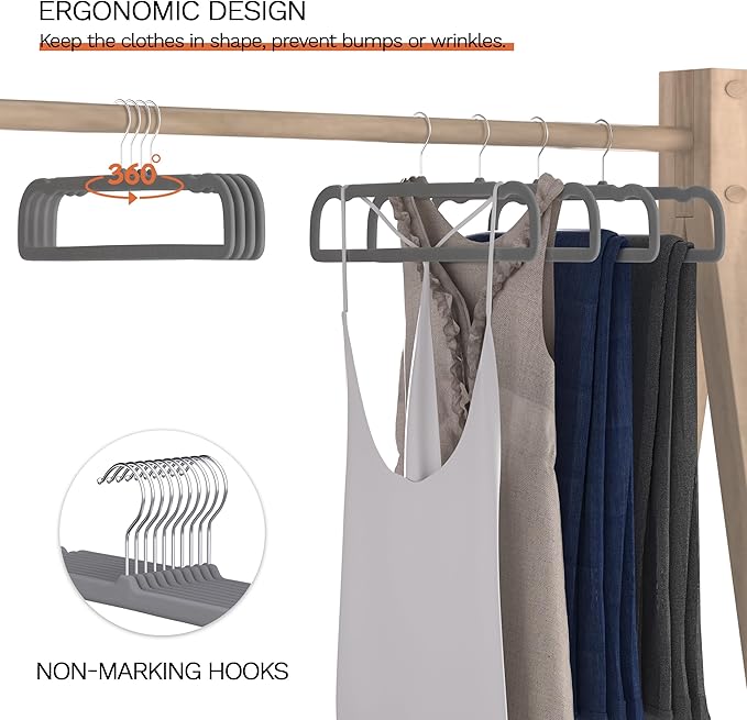 Gray Velvet Hangers 20 Pack, Slim Space Saving Pants Hangers for Closet Organizer, Rotating Hook, Non Slip Clothes Felt Hanger Heavy Duty for Tank Top, Jean Perchas, Camisole, Kids' Clothes