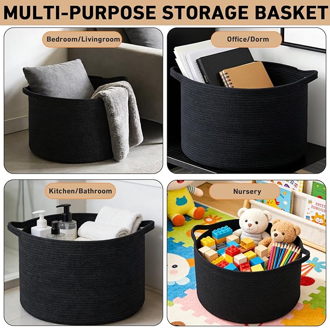 65L Large Blanket Basket,19.7" L x 19.7" W x 13" H Rope Woven Baskets with Handles, Toys Storage Bins,Laundry Basket Perfect for Living Room, Nursery,Bedroom,Home Organization,Black