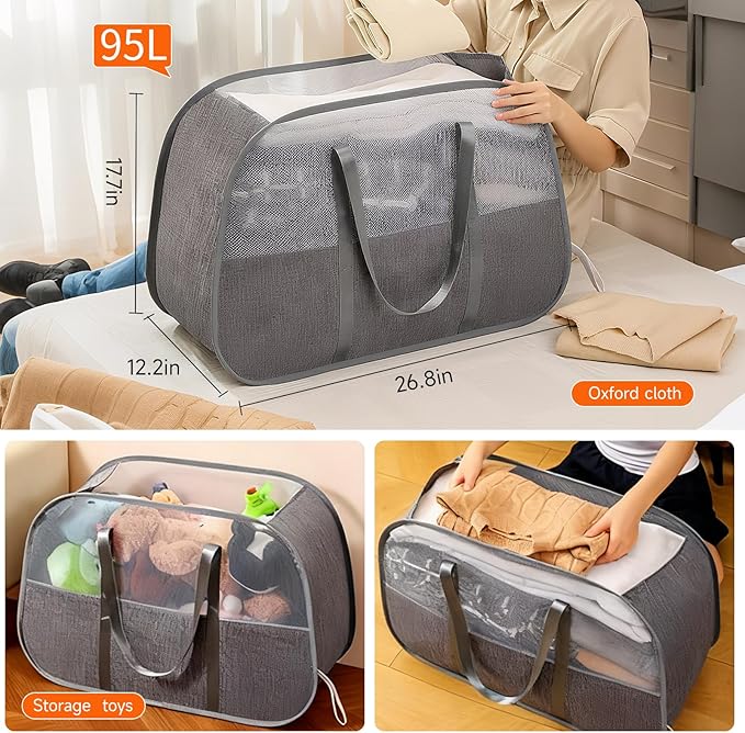 Large Collapsible Laundry Hamper,Gray Oxford Cloth 95L Capacity laundry basket with Handles,Breathable Mesh Design,Sturdy Steel Frame Clothes Hamper Wide opening for easy storage