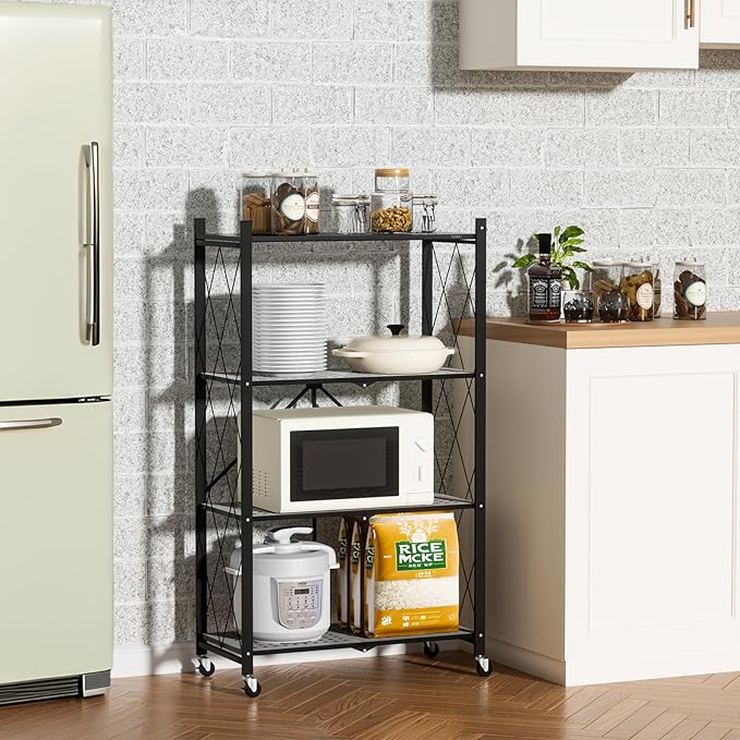 ALANNG Heavy Duty 4-Tier Folding Shelf with Wheels, No Tools Assembly Metal Storage Rack Cart, 264LBS Capacity for Kitchen, Pantry, Laundry Room, Garage, (Black, 2PACK)