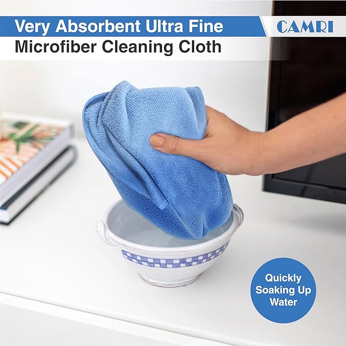 CAMRI Microfiber Towel Cleaning Cloth – Pack of 12, Size 12.6” x 12.6”, Blue, Lint Free, Super Absorbent, Streak Free, Washable, Multipurpose Cleaning Rags for Kitchen, Glass, Car, Mirror