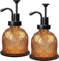 Amolliar 8 Oz Vintage Glass Bathroom Soap Dispensers with Pump, 2 Pack Refillable Kitchen Dish Soap Dispenser with Stripe, Antique Rustic Hand Soap Liquid Bottle (Brown-Black Pump)