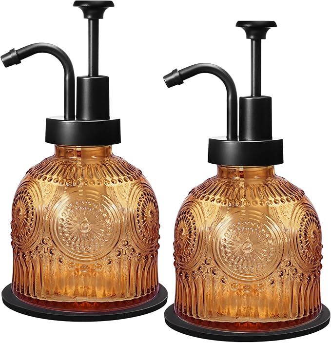 Amolliar 8 Oz Vintage Glass Bathroom Soap Dispensers with Pump, 2 Pack Refillable Kitchen Dish Soap Dispenser with Stripe, Antique Rustic Hand Soap Liquid Bottle (Brown-Black Pump)