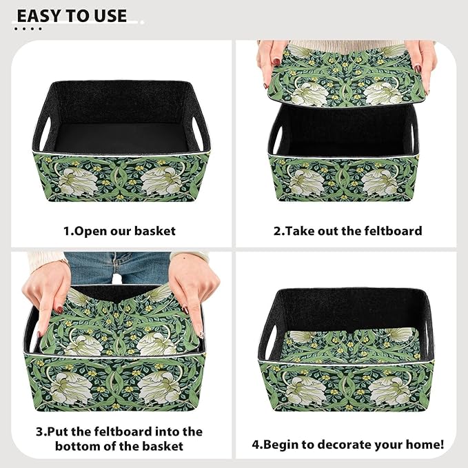 Closet Storage Bins,2 Pcs Felt Open Home Storage Containers Organizer with Handles Collapsible Shelf Basket for Home Office Craft Room Classroom Fabric Basket Storage Flower William Morris