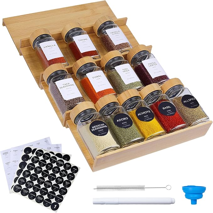 Bamboo Spice Rack for Drawer with 12 Jars,4 Tier Stackable Seasoning Storage Organizer Insert,for kitchen condiments storage insert（Combined Size:18.9" D x 9.5" W x 1.8" H）