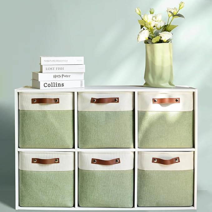 6-Pack Foldable Fabric Storage Cubes 11x11 Inch, Sturdy Cube Organizer Bins with Leather Handles, Storage Baskets for Closet Shelves and Home Organization(White/Green)