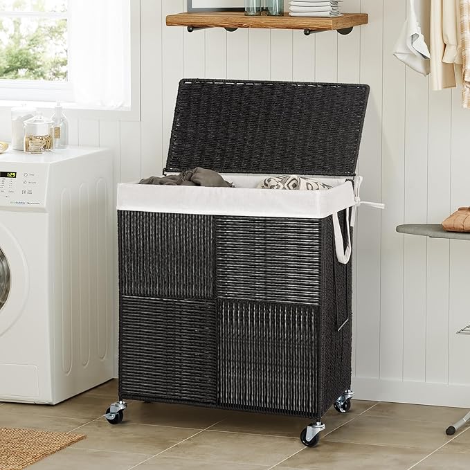 WOWLIVE Double Laundry Hamper with Lid, Handwoven Rolling Laundry Basket with Wheels, 115L Dirty Clothes Hamper with Removable Liner Bag Large Capacity Laundry Sorter Laundry Room Organization,Black