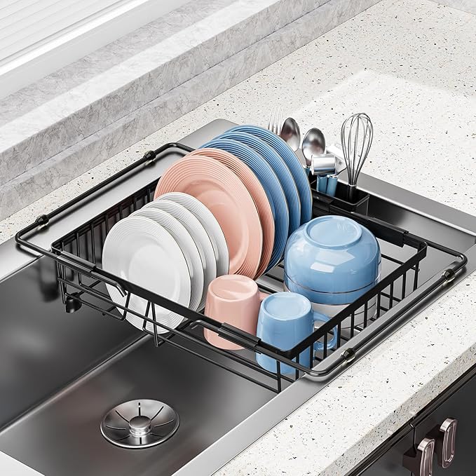 Expandable in Sink Dish Drying Rack - Adjustable Capacity Over The Sink Dish Drainer Drying Rack with Utensil Holder for Kitchen Counter, Drying Rack for Small Space,14.37“-21.06”L x 11.81“W x 3.74”D