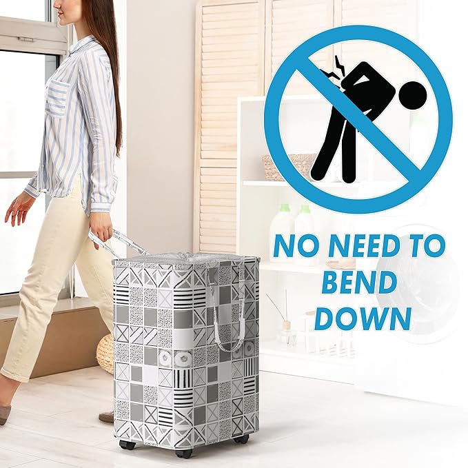 Simple Houseware Large 82L Laundry Basket with Wheels, Collapsible Waterproof Hamper with Handles and Mesh Cover, Geometric Gray