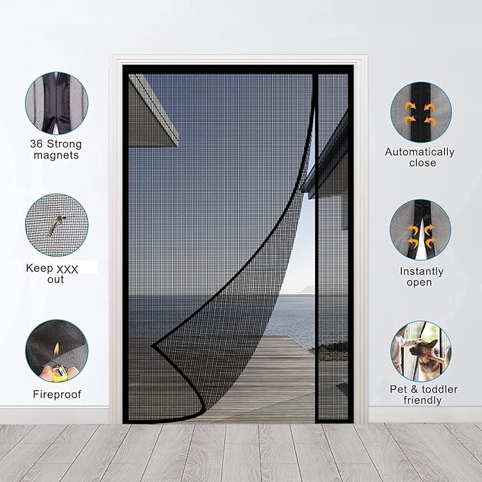Reversible Left or Right Side Opening Magnetic Screen Door, Narrow Durable Fiberglass Mesh Curtain Hands Free for Patio, Bedroom, Fits Door Size 60" x 80", Black