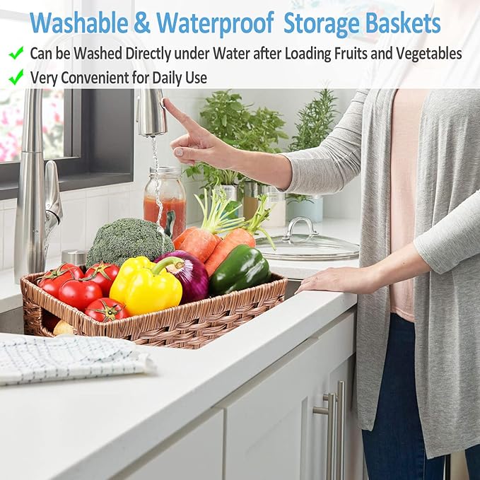 Wicker Baskets 2 Pack, Rectangular Wicker Storage Basket with Handles, Waterproof Plastic Large Baskets for Organizing, Nesting Hand-Woven Storage Baskets for Pantry Storage