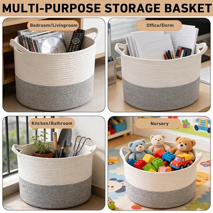 115L Large Blanket Basket,23.6" L x 23.6" W x 15.7" H Rope Woven Baskets with Handles, Toys Storage Bins,Laundry Basket Perfect for Living Room, Nursery,Bedroom,Home Organization,White&Grey