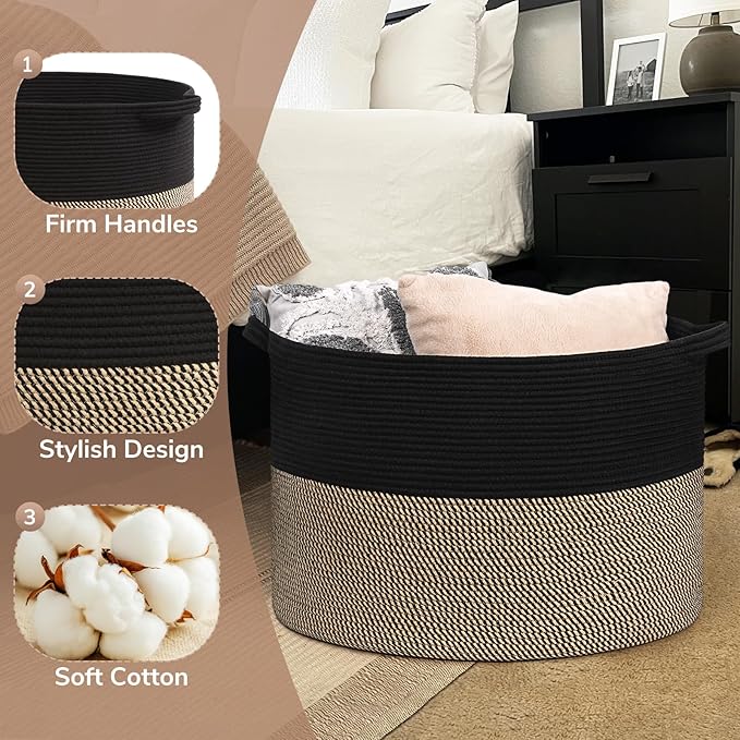 Goodpick 115L Extra Large Blanket Basket, 23.5"x23.5"x15.8" Woven Rope Basket for Storage, Kids Toy Storage for Nusery Room