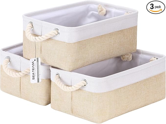 Sea Team 3-Pack Small Storage Basket Set, Storage Cube Organizer, Storage Bins, 12 x 8 x 5 Inches, Rectangle Canvas Fabric Collapsible Shelf Box with Handles for Kids Room (Beige/White)