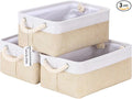 Sea Team 3-Pack Small Storage Basket Set, Storage Cube Organizer, Storage Bins, 12 x 8 x 5 Inches, Rectangle Canvas Fabric Collapsible Shelf Box with Handles for Kids Room (Beige/White)