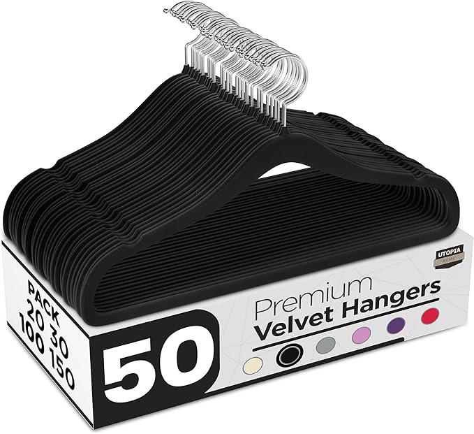 Utopia Home Velvet Hangers 50 Pack – Luxury Non-Slip Slim Suit & Coat Hangers, Strong Space-Saving Clothes Hangers with Pants Bar and 360° Swivel Hook – Black