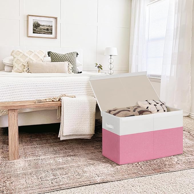 INDRESSME 25"x13"x16" Large Toy Storage Box with Lid, Collapsible Storage Organizer Baby Toy Storage for Kids Boys Girls, Toy Bin Organizer for Nursery, Bedroom, Living Room (Pink & White)