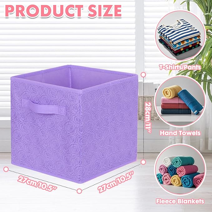 ShellKingdom Storage Bins, Foldable Fabric Storage Cubes with 3D Embossed Rose Pattern, Cloth Organizer Drawer For Closet And Toys, 10.5 X 10.5 X 11 inch, 2 Pack (Lavender)