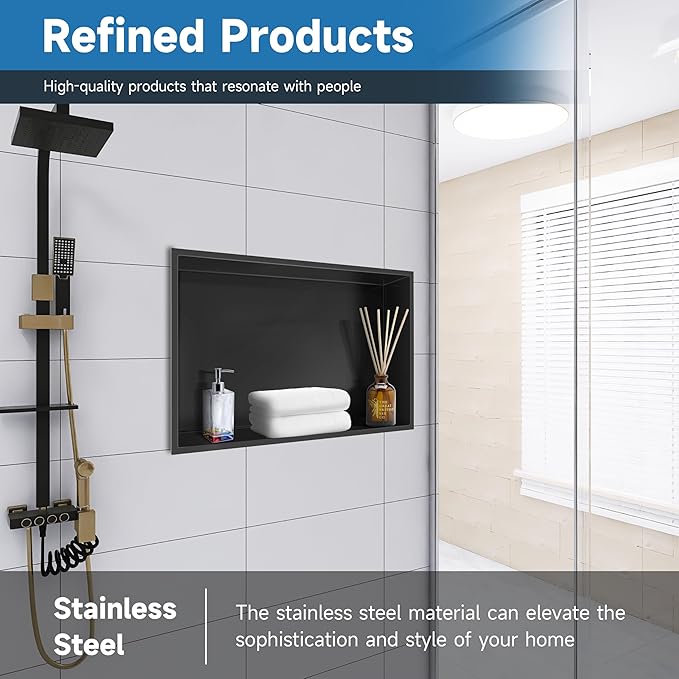BATHFINESSE Shower Niche 18" X 12" Black, Stainless Steel Wall Niche Double Shelves Recessed Shower Shelf for Bathroom Storage, No Tile Needed Over Mount Installation