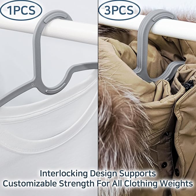 15" Compact Slim & Slimlink Interlocking Clothes Hangers, Space-Saving Lightweight Plastic Hangers for Small Closets, Dorms, Apartments, Travel, RVs & Petite Clothing (Gray, 50)