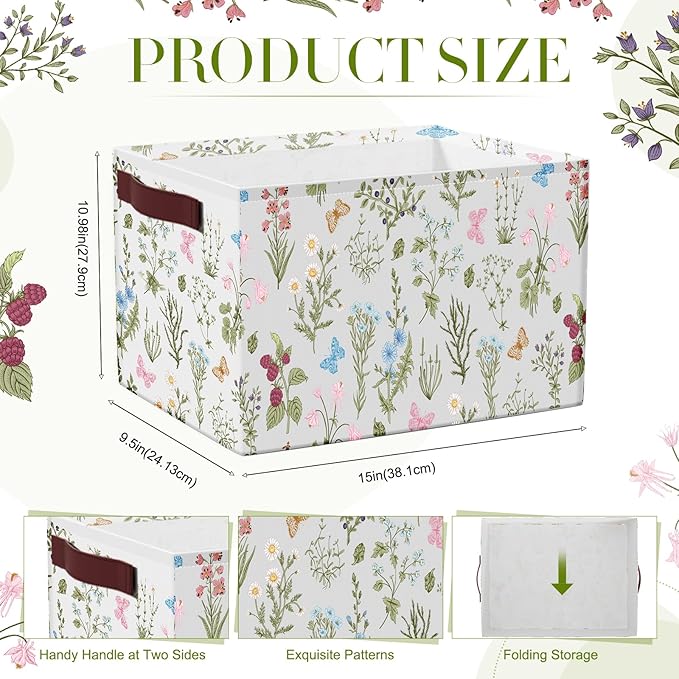 Boao 3 Pack Floral Storage Baskets for Gifts Empty Collapsible Large Wildflowers Storage Bins, Herbs Flowers Canvas Laundry Basket Organizer with Handle for Bedroom Home Office Clothes Closets Toys
