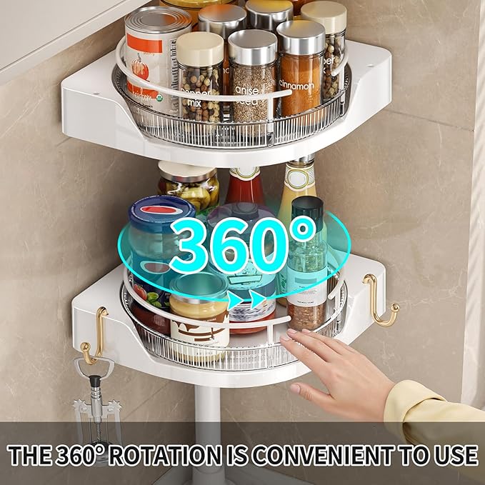 2-Tier Corner Spice Rack Organizer – 360° Rotatable, 19.68-43.5" Height Adjustable, 11LBS Load-Bearing with Hooks – Space-Saving for Kitchen Counter/Cabinet Gaps, Tame Seasoning Clutter (White)