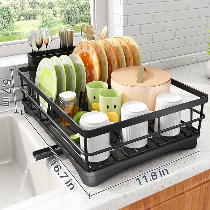 SAYZH Dish Drying Rack - Stainless Steel Dish Rack for Kitchen Counter, Large-Capacity Dish Drainer with Cutlery Holder, Kitchen Organizer for Dishes, Spoons and Forks, Black