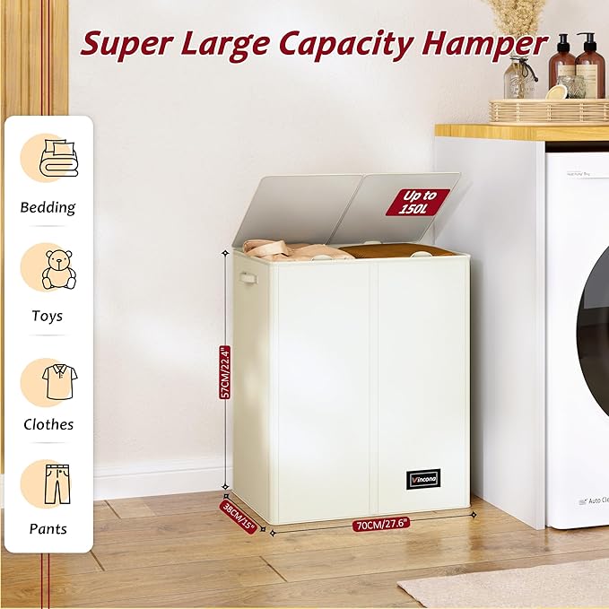 150L Laundry Hamper 2 Section, Large Laundry Hamper with Lid, Dirty Clothes Hamper with 2 Removable Inner Bags, Collapsible Laundry Basket Organizer for for Clothes Toys Towels, Hamper 2 Compartment